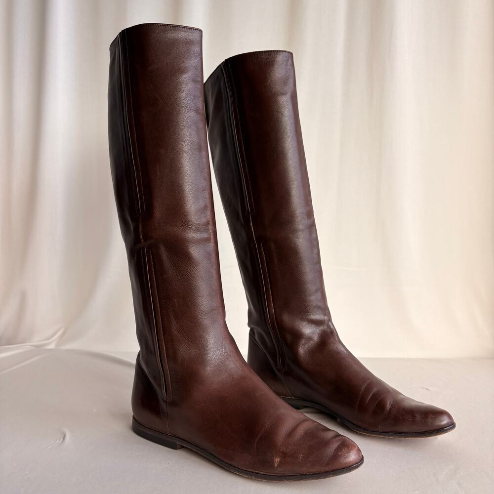 Calvin Klein Brown Leather Knee-High Boots - Minimalist, Flat Sole, 7.5